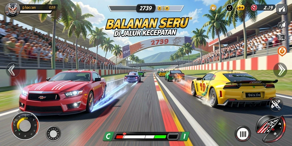 Screenshot menunjukkan mobil balap melaju cepat di lintasan kota.