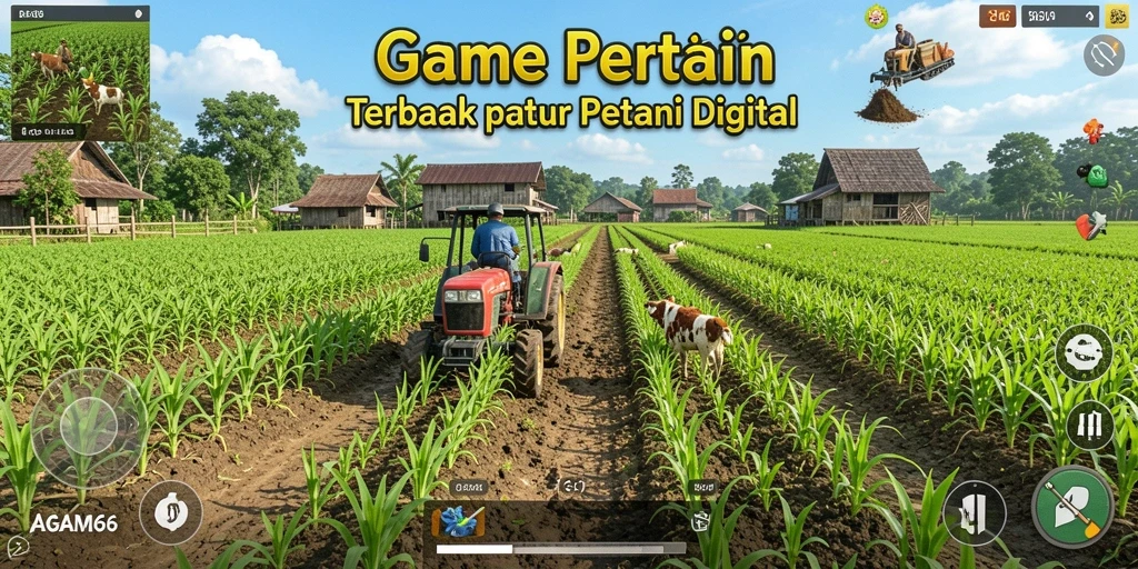 Screenshot AGAM66 menunjukkan pemain sedang merawat ladang pertanian dengan tanaman hijau yang subur.
