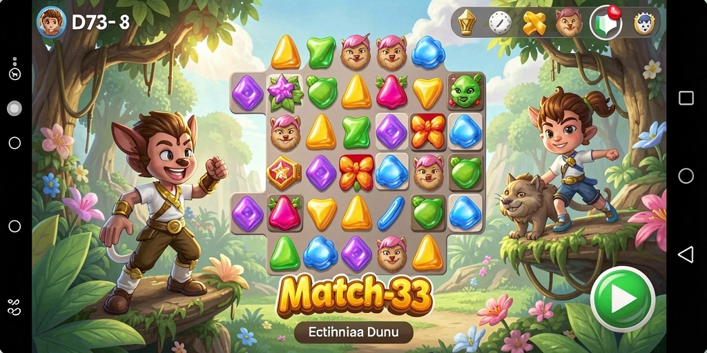 Screenshot D73 menampilkan aksi seru dalam permainan Match-3.